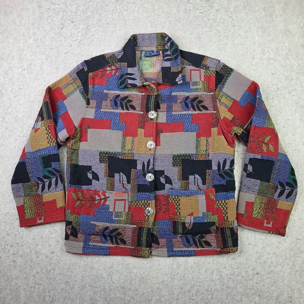Jane Ashley Tapestry Jacket Womens Medium Fall Autumn Patchwork Metal Button